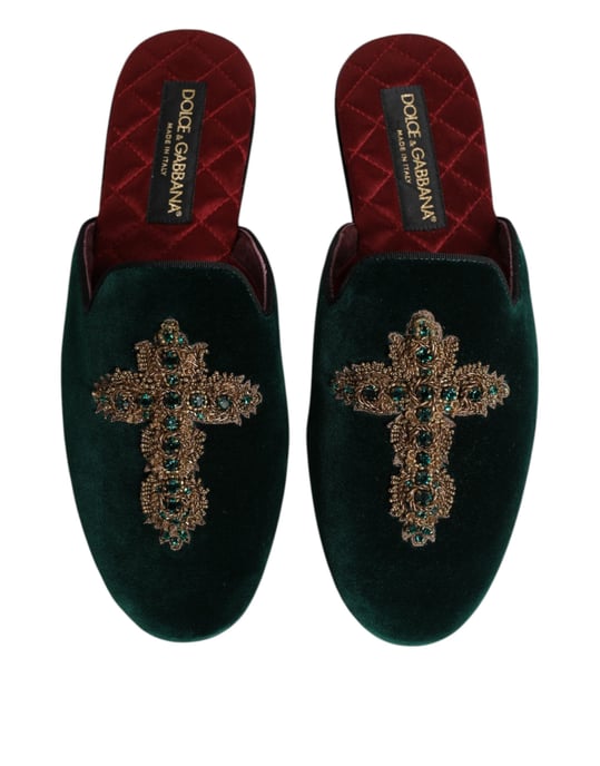 Dolce & Gabbana Groene Fluwelen Kruzend Versierde Slipperschoenen - Image 3
