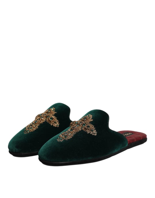 Dolce & Gabbana Groene Fluwelen Kruzend Versierde Slipperschoenen - Image 4