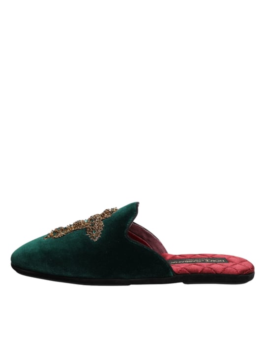 Dolce & Gabbana Groene Fluwelen Kruzend Versierde Slipperschoenen - Image 6