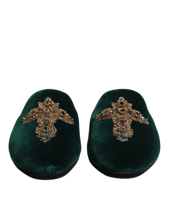 Dolce & Gabbana Groene Fluwelen Kruz Sieraden Slippers Schoenen - Image 2