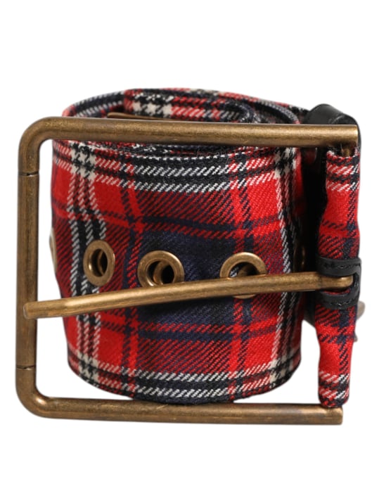 Dolce & Gabbana Rode Geruite Stof Logo Plaat Messing Gesp Riem - Image 2