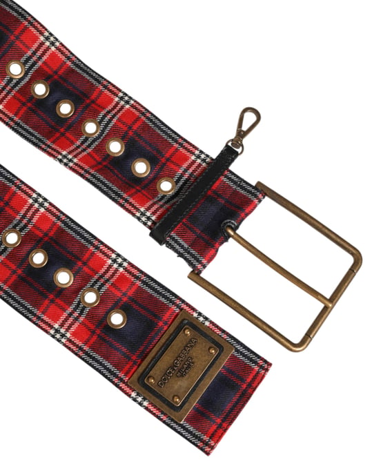 Dolce & Gabbana Rode Geruite Stof Logo Plaat Messing Gesp Riem - Image 3
