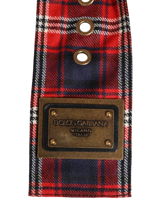 Dolce & Gabbana Rode Geruite Stof Logo Plaat Messing Gesp Riem - Image 4