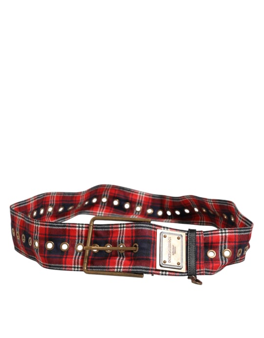 Dolce & Gabbana Rode Geruite Stof Logo Plaat Messing Gesp Riem - Image 5