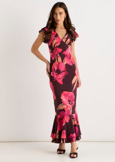 Bruine maxi-jurk met bloemenprint en gerimpelde mouwen - Image 1