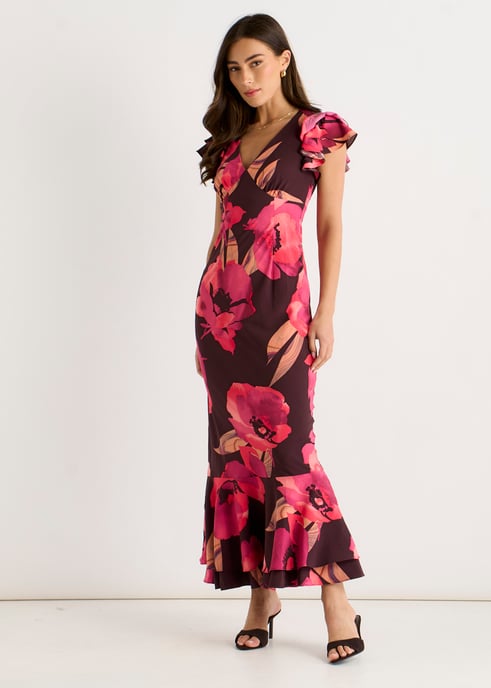 Bruine maxi-jurk met bloemenprint en gerimpelde mouwen - Image 3