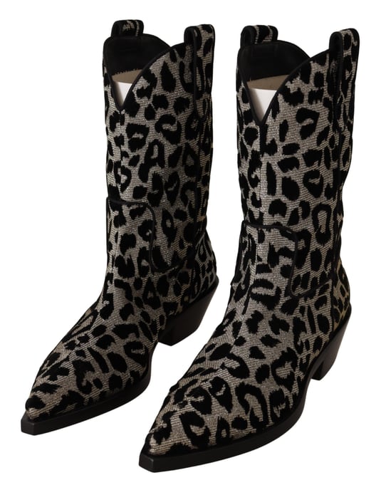 Dolce & Gabbana Grijs Zwarte Luipaard Cowboylaarzen Schoenen - Image 3