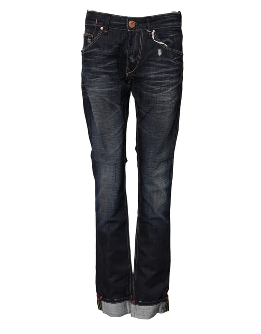 Acht Blauwe Gewassen Katoenen Midden Taille Wijde Denim Jeans - Image 2