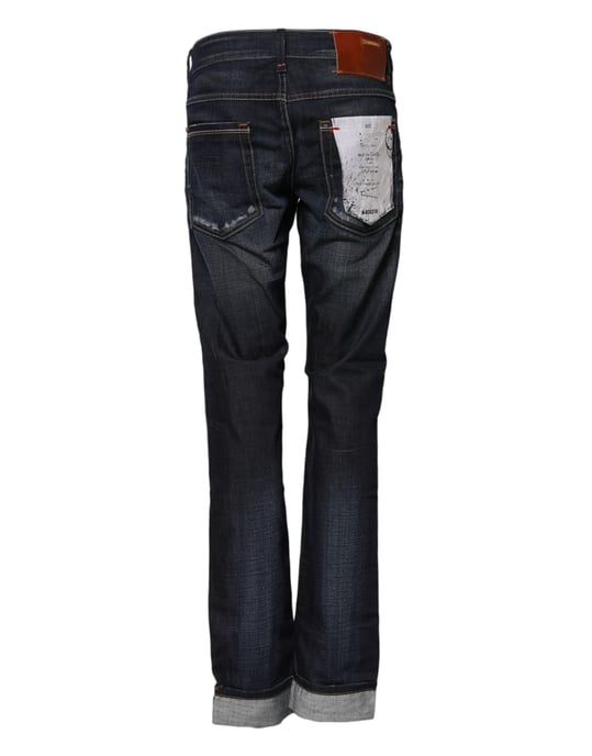 Acht Blauwe Gewassen Katoenen Midden Taille Wijde Denim Jeans - Image 3