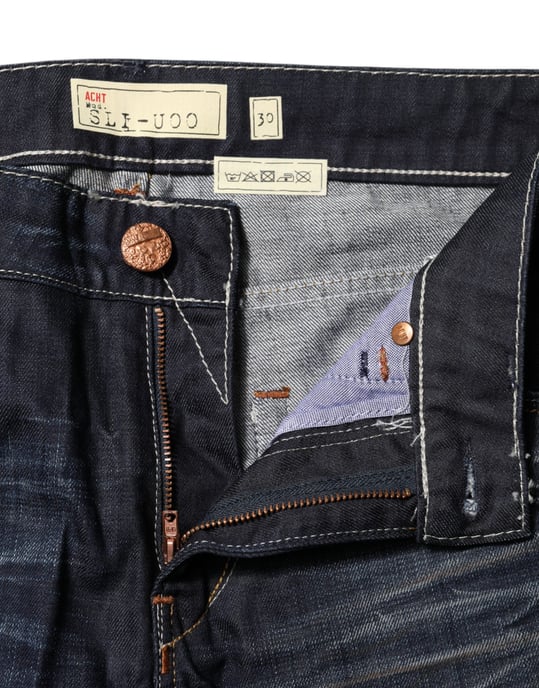 Acht Blauwe Gewassen Katoenen Midden Taille Wijde Denim Jeans - Image 4