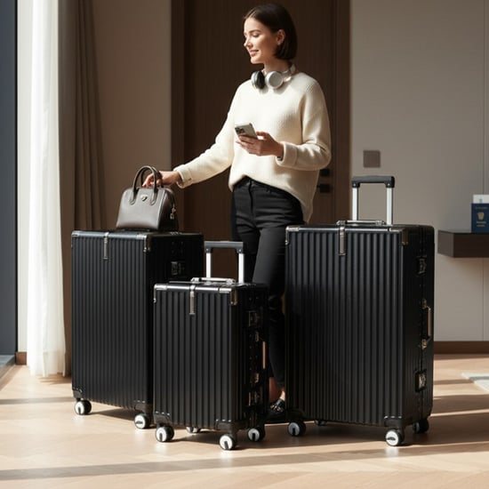 Black Hardshell Dual 4 Wheel ABS Bagagetrolley Hard Shell Cabin Koffer Set - Image 1
