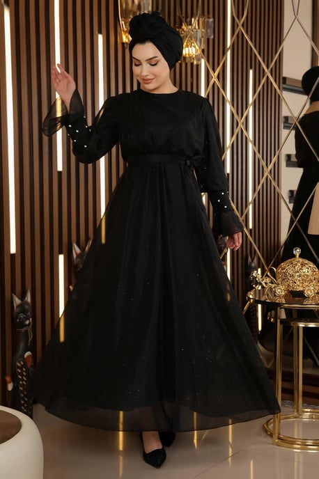 Steen Detailed Glitterend Chiffon Avondjurk Zwart - Image 3