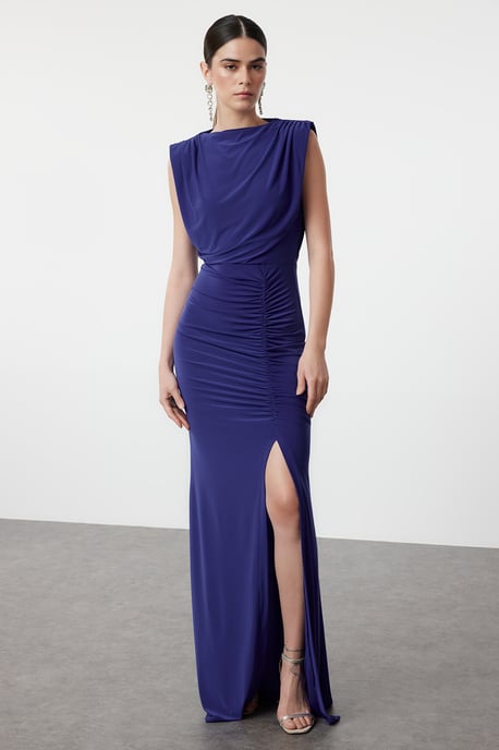 Damesjurk Blau Unifarben Maxi Lange Afstudeer-/Galajurk Slim fit Avond- & Galajurk - Image 1