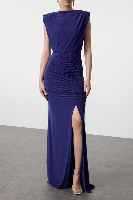 Damesjurk Blau Unifarben Maxi Lange Afstudeer-/Galajurk Slim fit Avond- & Galajurk - Image 2