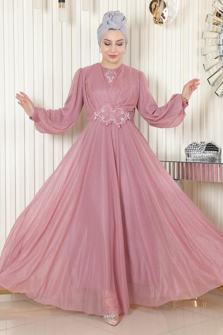 Parel Detailed Gedrapeerd Glitter Avondjurk Oud roze - Image 1