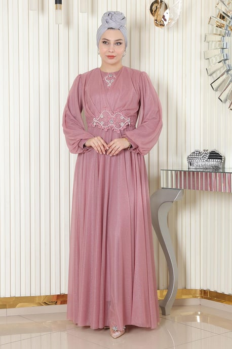 Parel Detailed Gedrapeerd Glitter Avondjurk Oud roze - Image 2
