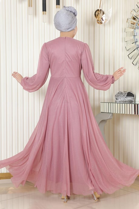 Parel Detailed Gedrapeerd Glitter Avondjurk Oud roze - Image 3