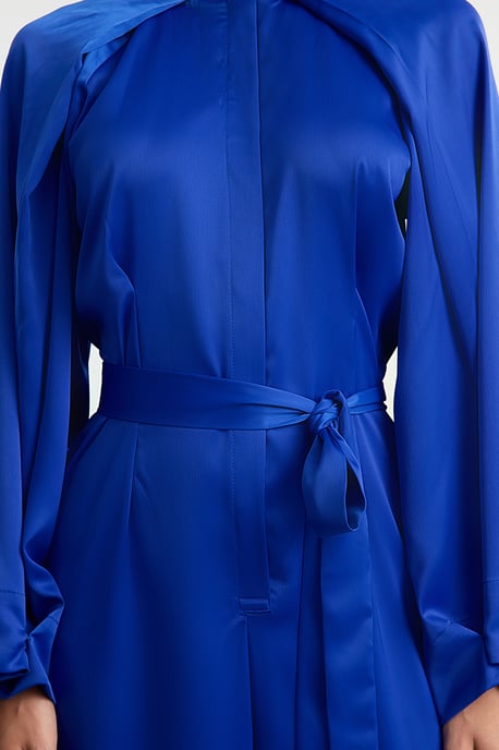 Donkerblauwe, effen lange avondjurk voor dames / getailleerde, bescheiden avondjurk - Image 3