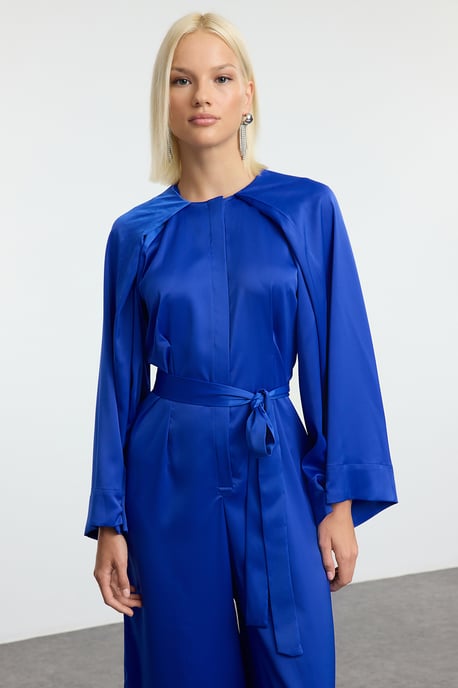 Donkerblauwe, effen lange avondjurk voor dames / getailleerde, bescheiden avondjurk - Image 4