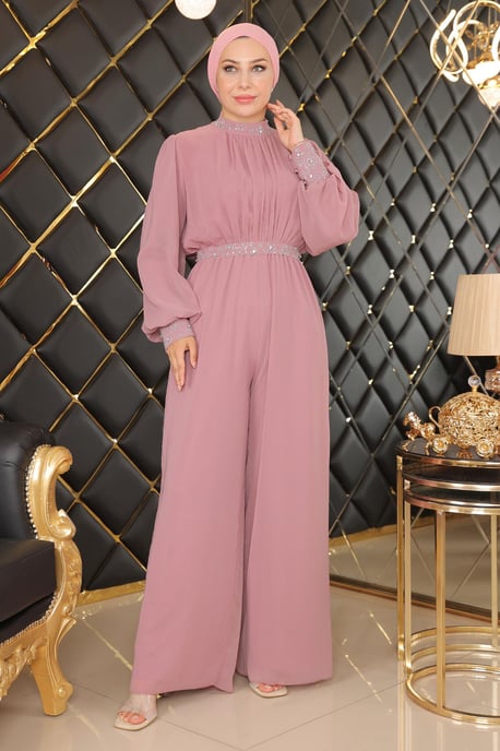 Steen Detailed Chiffon Jumpsuit Avondjurk Oud roze - Image 1