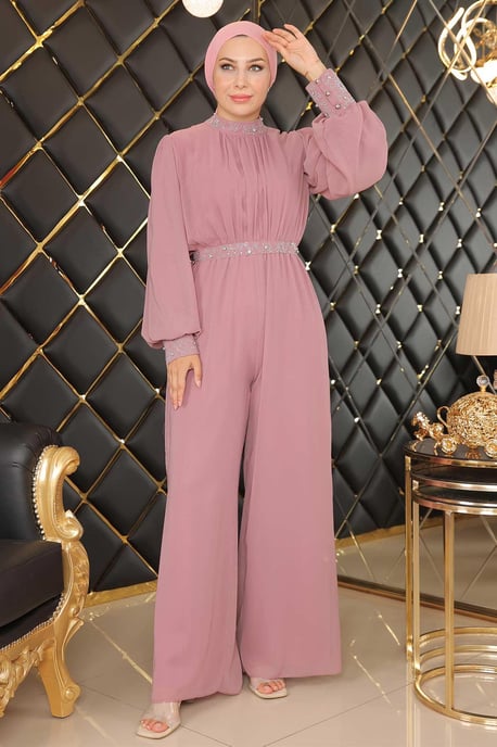 Steen Detailed Chiffon Jumpsuit Avondjurk Oud roze - Image 3