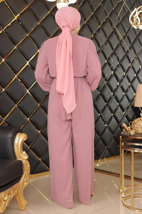 Steen Detailed Chiffon Jumpsuit Avondjurk Oud roze - Image 4