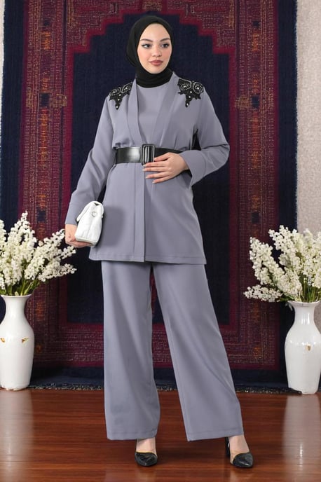 Kant Detailed Jumpsuit Set Grijs - Image 3