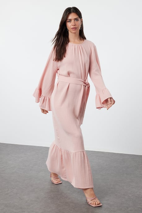 Roze maxi-jurken voor dames in effen kleuren, casual, relaxed en bescheiden stijl. - Image 4