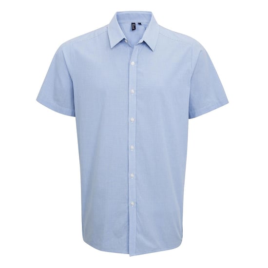 Premier Heren Micro Gingham geruit katoenen overhemd met korte mouwen (Lichtblauw/Wit) - Image 1