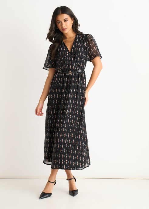 Zwarte midi-jurk van zijde met geometrische print - Image 1