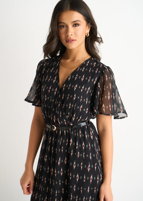 Zwarte midi-jurk van zijde met geometrische print - Image 2
