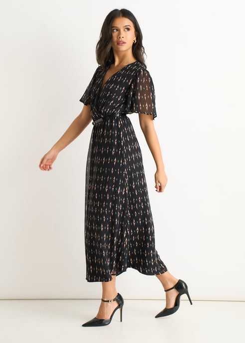 Zwarte midi-jurk van zijde met geometrische print - Image 3
