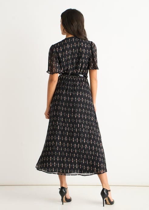 Zwarte midi-jurk van zijde met geometrische print - Image 4