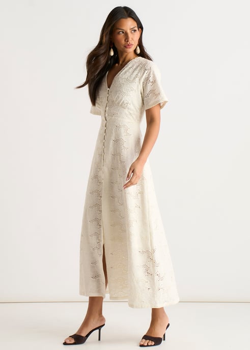 Witte midi-jurk met knoopsluiting en kant - Image 3