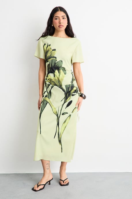 Placement Print Crinkle Satin Ruched Midi Dress - Image 1