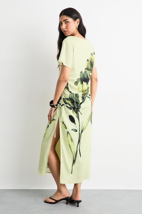 Placement Print Crinkle Satin Ruched Midi Dress - Image 3