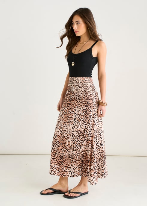 Bruine skaterrok met dierenprint en elastische tailleband - Image 3