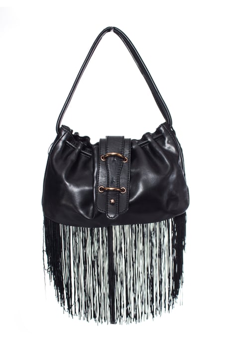 Emporio Armani, vintage zwarte leren handtas met franjes. - Image 1
