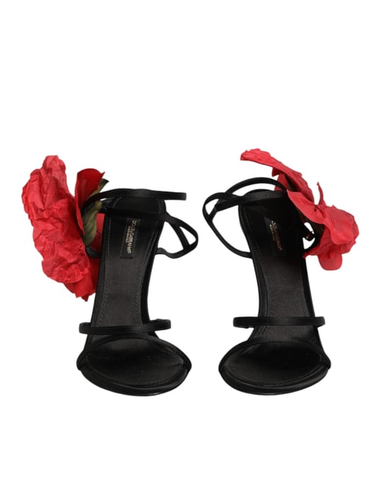 Dolce & Gabbana Zwarte Leren Strap Sandalen met Bloemen Heels Schoenen - Image 3