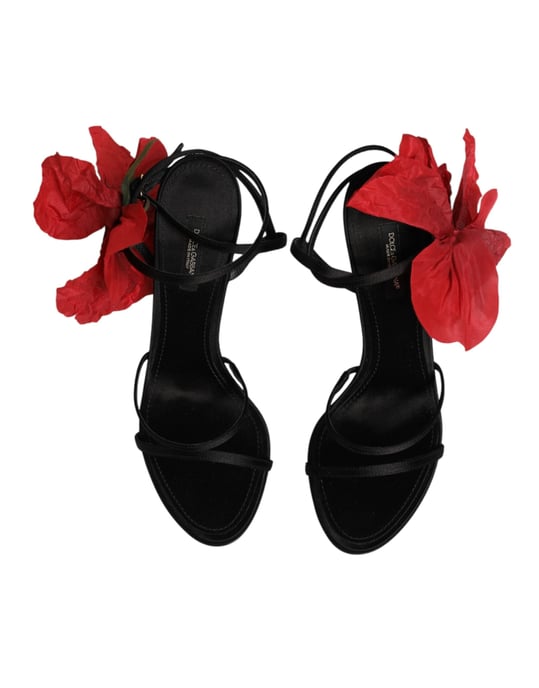 Dolce & Gabbana Zwarte Leren Strap Sandalen met Bloemen Heels Schoenen - Image 4