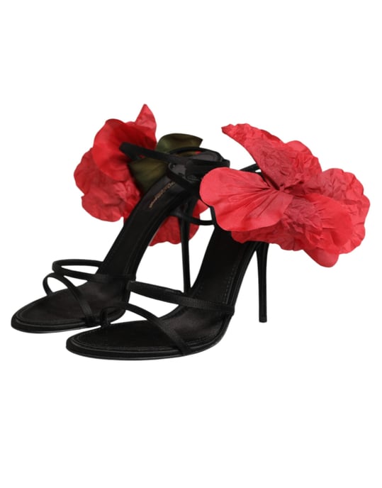 Dolce & Gabbana Zwarte Leren Strap Sandalen met Bloemen Heels Schoenen - Image 5