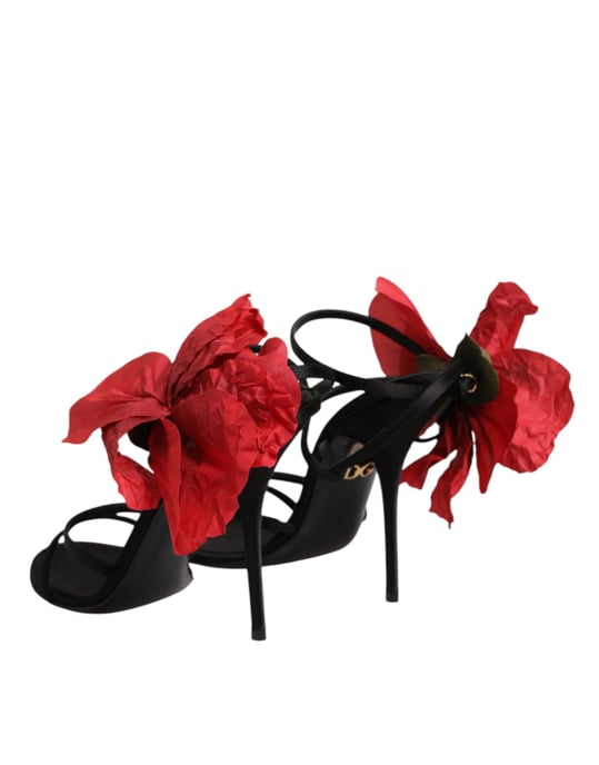 Dolce & Gabbana Zwarte Leren Strap Sandalen met Bloemen Heels Schoenen - Image 6