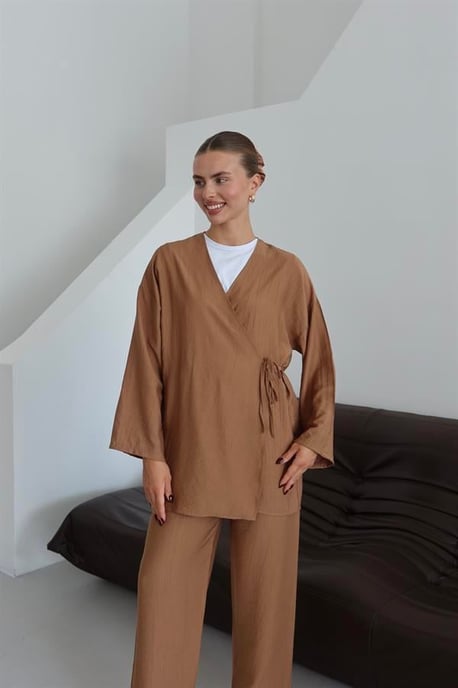 Kreukellook Textured Kimono Pak Bruin - Image 4