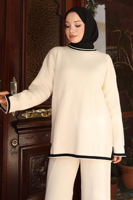 Split Detailed Gebreide kleding Pak Wit - Image 4
