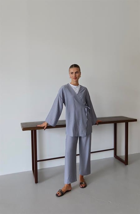 Kreukellook Textured Kimono Pak Grijs - Image 1