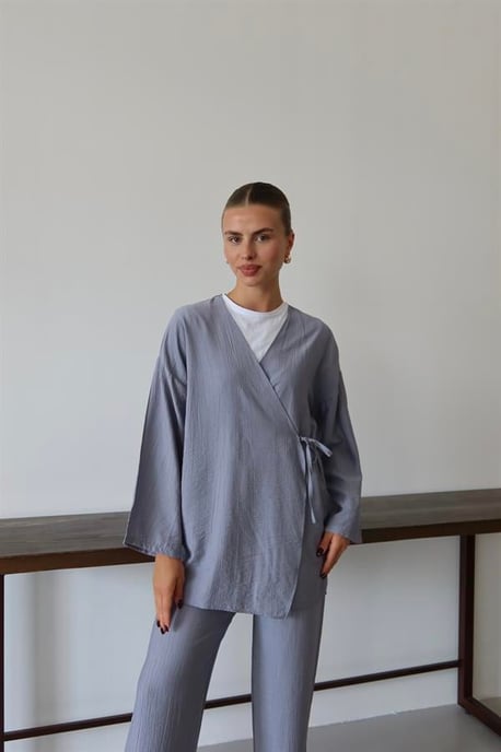 Kreukellook Textured Kimono Pak Grijs - Image 4