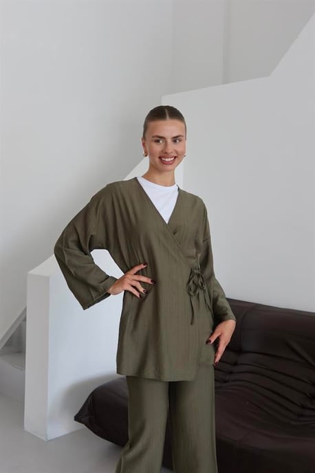 Kreukellook Textured Kimono Pak Khaki - Image 2