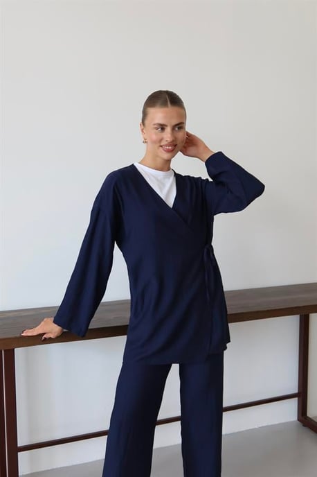 Kreukellook Textured Kimono Pak Marineblauw - Image 4