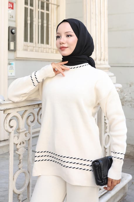 Stripe Detailed Gebreide kleding Pak Wit - Image 4