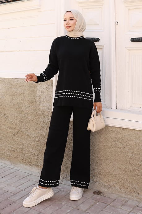 Stripe Detailed Gebreide kleding Pak Zwart - Image 1